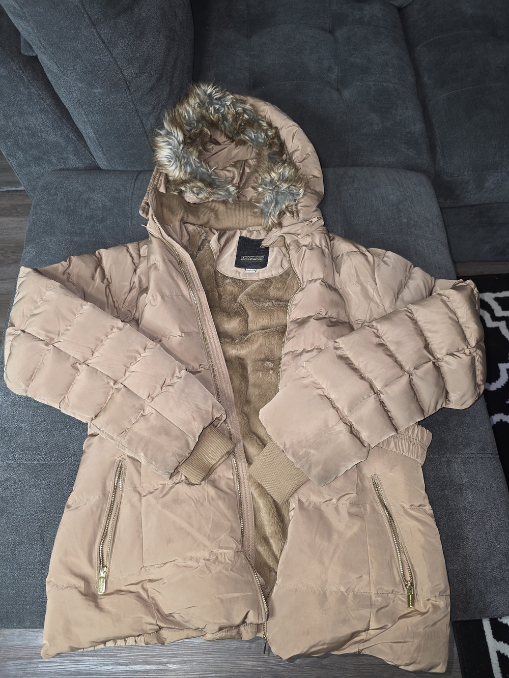 Women's Beige Faux-Fur Hooded Puffer Coat